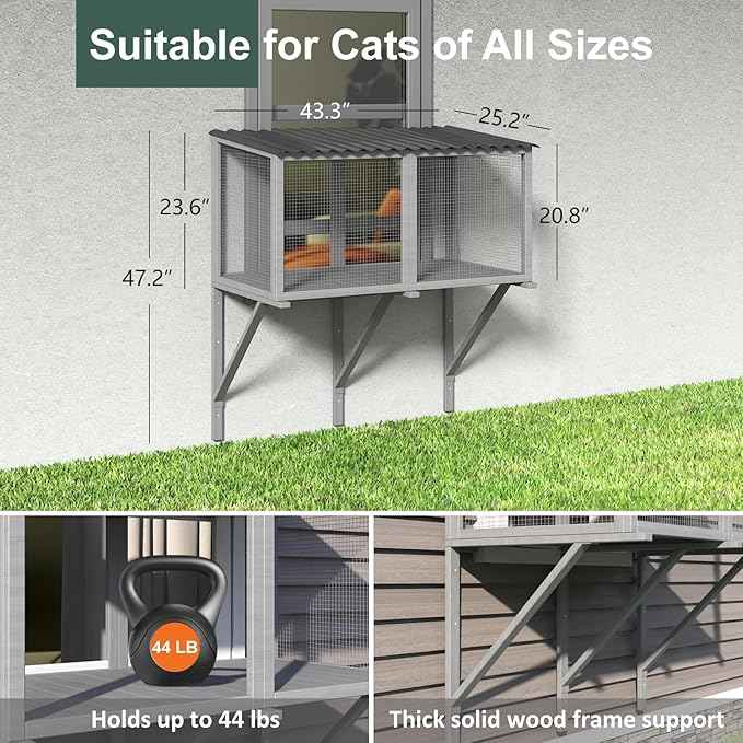 Cat Catio, Cat Window Perch for Large Indoor Cats - for Sunbathing, Napping & Overlooking, Wooden Window Hammock for Safely Enjoying The Outdoor Sights Scents and Sounds