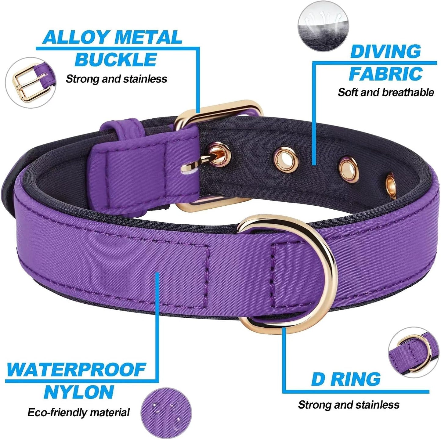 Didog Soft Padded Dog Collars for Small Dogs, Lightweight and Breathable Dog Collar with Metal Buckle for Puppy, Purple, S