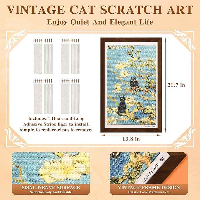 Wall Art Cat Scratcher Sisal Mat, No-Drill Wall Mounted Cat Scratch Pad with Frame, 13.8 x 21.7 Inch Cat Wall Scratchers for Indoor Cats（Almond Blossom）
