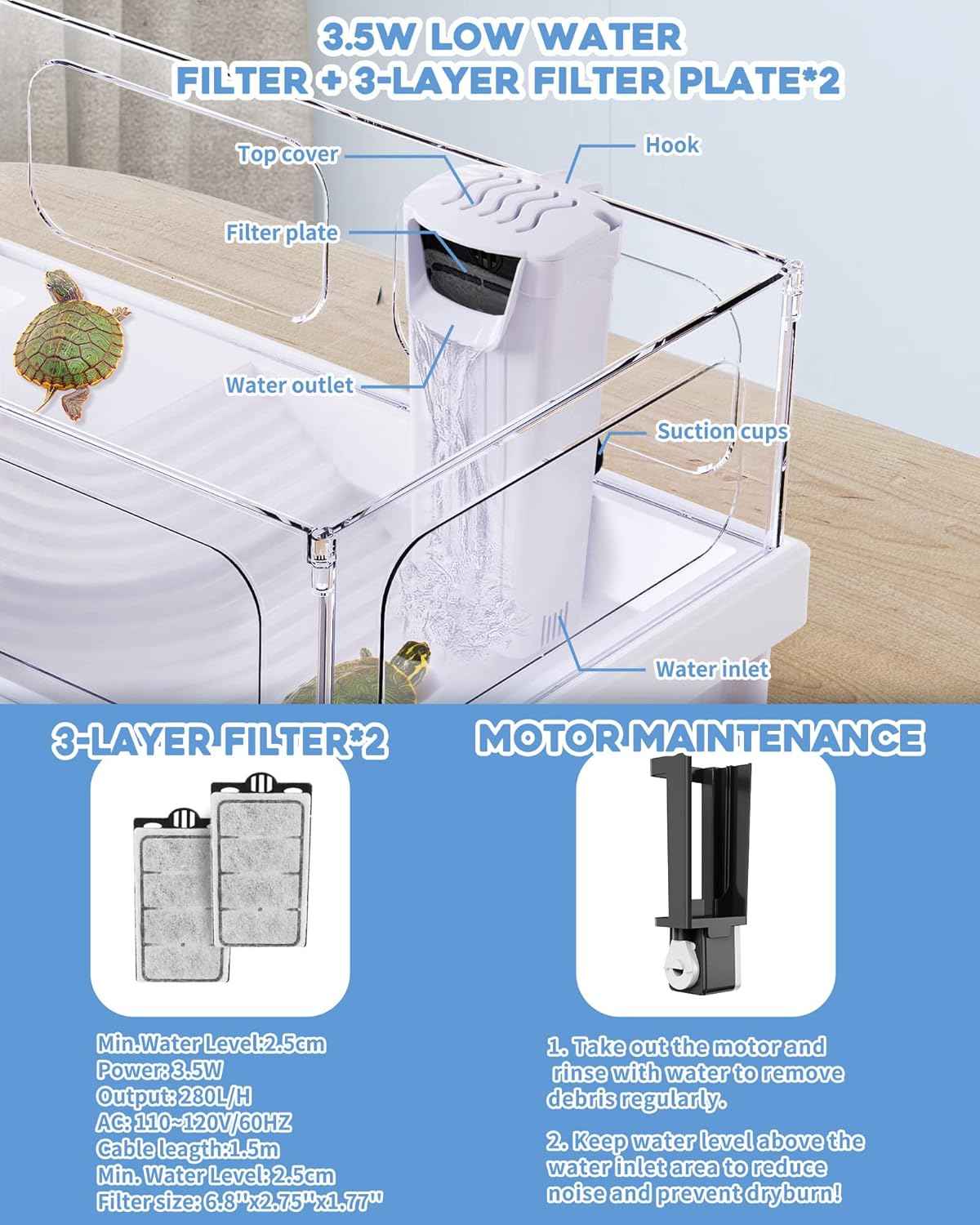 Small Turtle Tank with Filter, Turtle Aquarium, Acrylic Turtle Terrarium with Basking Platform, Bottom Drainage, Multi-Function Areas for Turtles, Crayfish, Small Reptiles.(Tank+Filter)