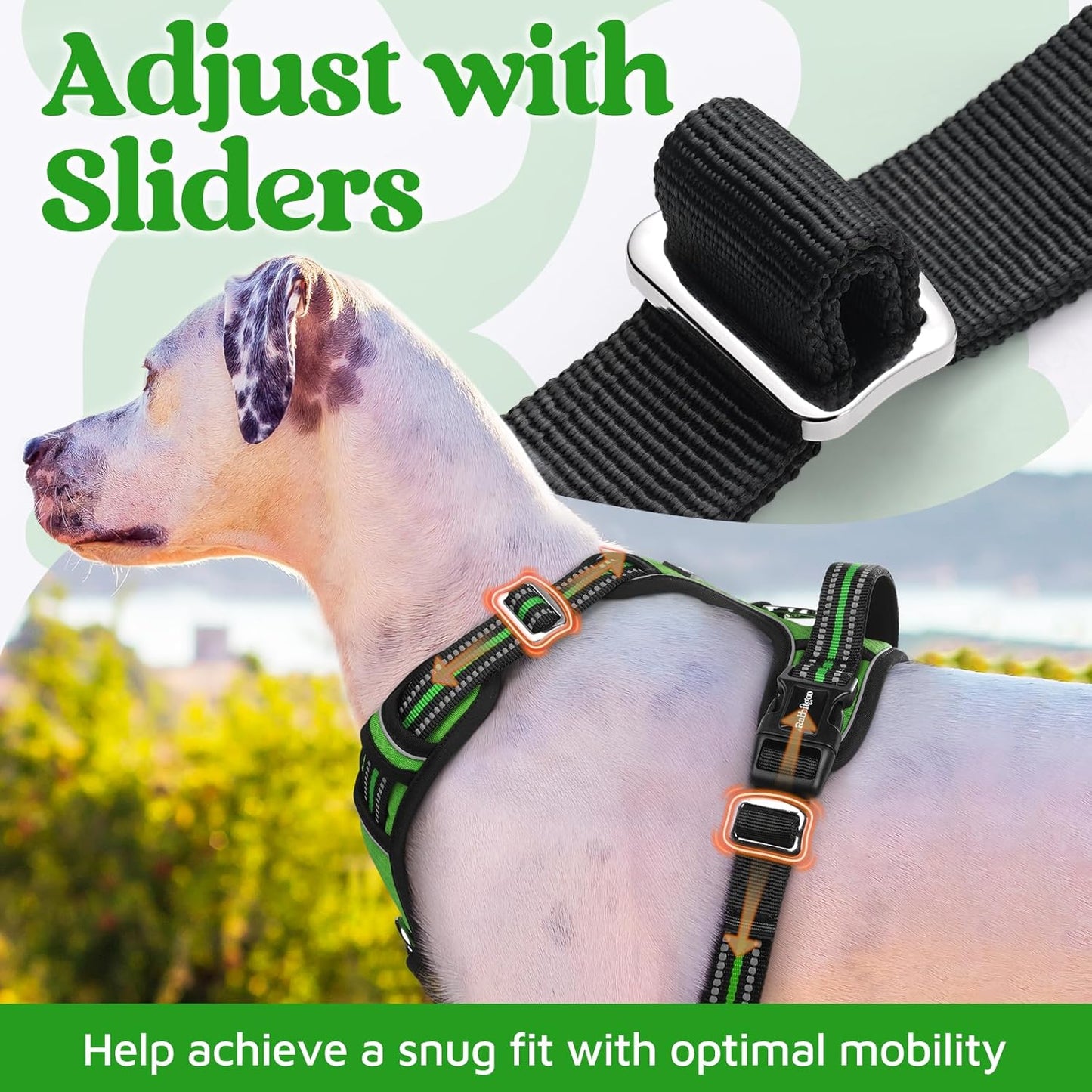 rabbitgoo Dog Harness for Large Dogs, No Pull Pet Vest with 3 Buckles, Adjustable Soft Padded Pet Harness with Easy Control Handle and Reflective Strips, Green, L