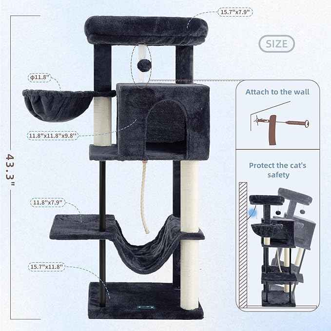 Cat Tree, Cat Tower for Indoor Cats, 43.3 inch Cat Tree Tower with Sturdy Steel Tube, Hammock, Cat Condo for Small Cats and Kittens, Scratching Post, Smoky Gray GCT004SG