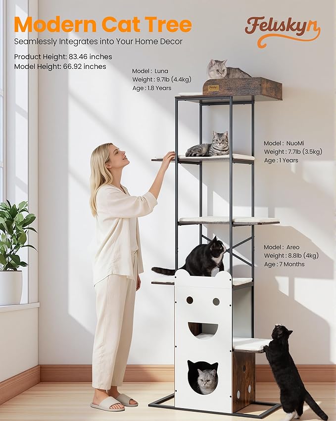 Modern Wood Cat Tree Tower, 84 Inch Extra Tall Cat Condo Trees for Indoor Cats Large Adult, XL Multi-Level Heavy Duty Wooden Sturdy Cat House Furniture with Platform Perch Bed Scratching Post Board