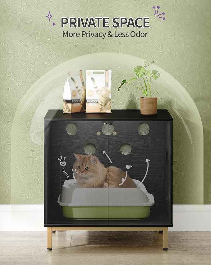 Cat Litter Box Enclosure, Hidden Litter Box Furniture Cabinet, Wooden Indoor Cat House, Side End Table, Living Room, Bedroom, Black and Gold CB81204G