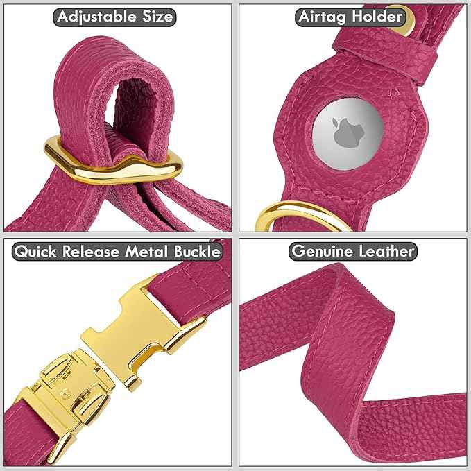 Leather Airtag Dog Collar - Soft Tracking Dog Collar with Apple AirTag Holder and Metal Buckle - Safety GPS Pet Collars for Small Medium Large Dogs Puppy Pink Red (Pink, S, 12"-15" Neck Fit)