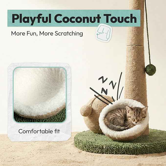 Cat Scratching Post 33 Inch Palm Tree with Hanging Balls and Double Coconut Toys, Cat Scratcher for Indoor Kittens, Extra Stable Base, Paw-Friendly Jute Material M