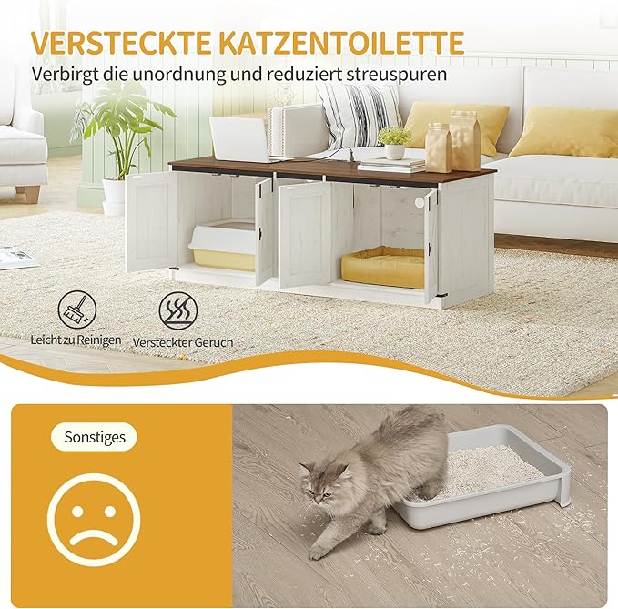 Cat Litter Box Enclosure for 2 Cats, Hidden Litter Box Furniture Cabinet with Double Room, Indoor Cats House with USB Ports & Power Outlets, Farmhouse Style, Rustic Brown and White CB82514XV1