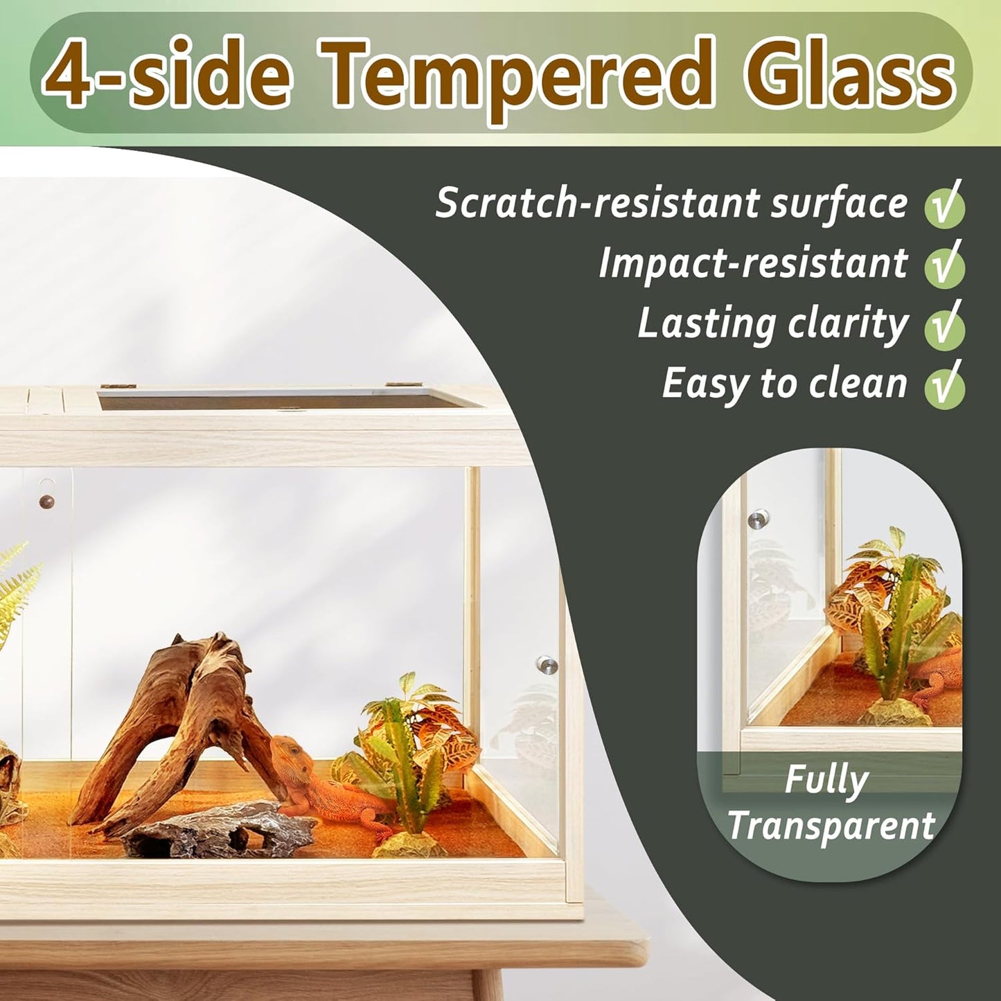 PROLEE Tempered Glass Bearded Dragon Tank,63 Gallon Reptile Tank with Meatl Mesh Roof and Front Sliding Door, Anti-Scratch Lizard Tank,Spacious Reptile Enclosure for Snakes,Lguanas, Chameleons (Oak) - FurryFun