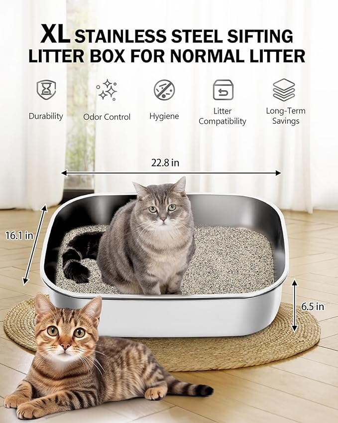Stainless Steel Sifting Litter Box with Lid, Metal Litter Pan with Scoop for Big Cats Multi Cat, Extra Large Cats Litterbox Odor Control Easy Clean (23 * 15.7 * 16.7inch-Full Enclosed, X-Large)