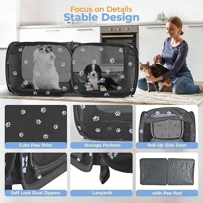 2-in-1 Dog Playpen 46.5''Pop Up Cat Pet Playpen, Assembly-Free Indoor Outdoor Kitten Enclosure, Breathable Cat Cage Portable Puppy Tent Crates,Spacious Kennel for Small Animals, No Confinement Feel(S)