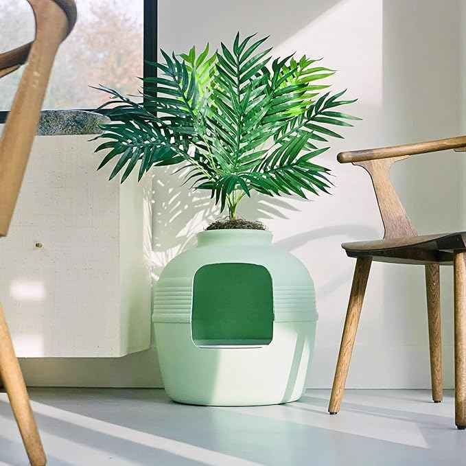 Good Pet Stuff Hidden Litter Box Planter, Decorative Cat Litter Enclosure with Carbon Filter, Artificial Plant, Easy Clean, Indoor Design, Original Round Style, Essentials Kit, Seagrass Green