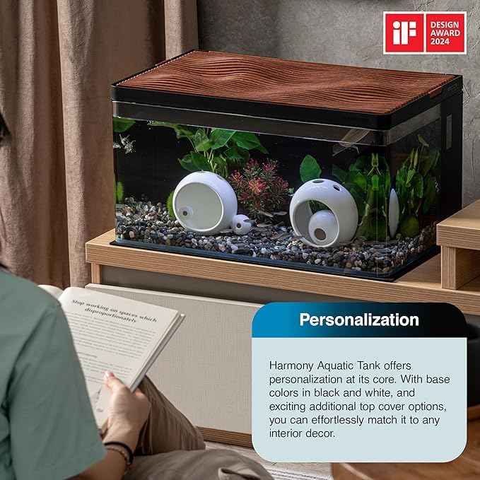 Harmony Aquarium Tank Deluxe by Clairnara – All-in-One 8 Gallon Freshwater Fish Tank with LED Light, Quiet Pump, Patented Filtration, and Special Wood Grain Toplid – iF Design Award Winner