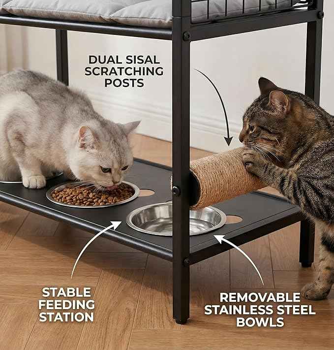 4in1 Cat Furniture Stand with Cat Scratching Post, Cat Food Bowls, Cats Bed Platform, Cats Food Storage Organizer, All in One Pet Furniture for Small Space (Black)