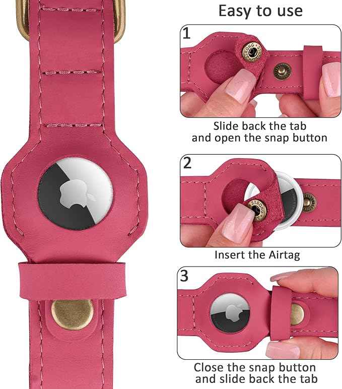 AirTag Dog Collar - Genuine Leather Dog Collar with Apple AirTag Holder and Metal Buckle - Smart GPS Tracking Pet Collars (Pink, XS, 9"-12" Neck Fit)