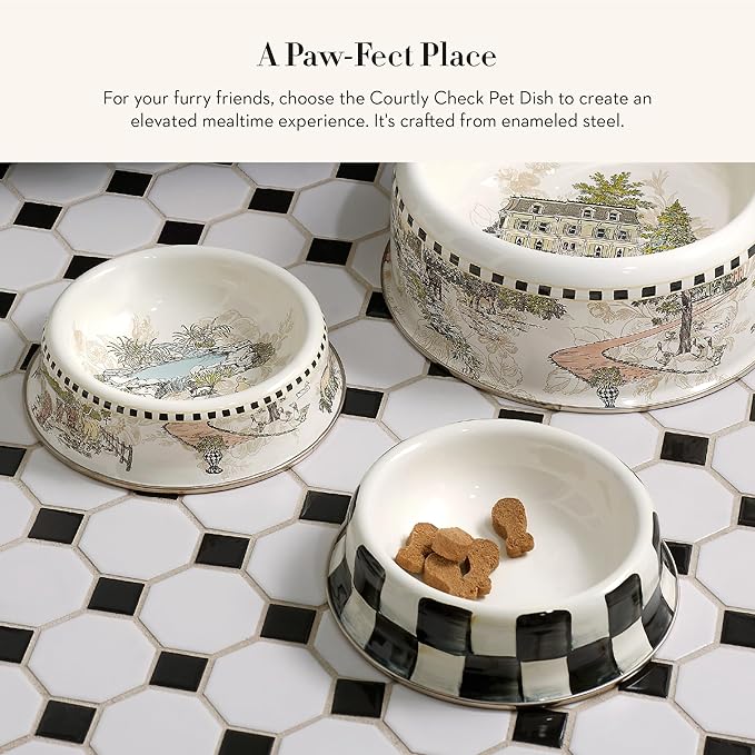 MACKENZIE-CHILDS Pet Bowl, Cute Cat and Dog Bowl for Food and Water, Black-and-White Courtly Check, Small