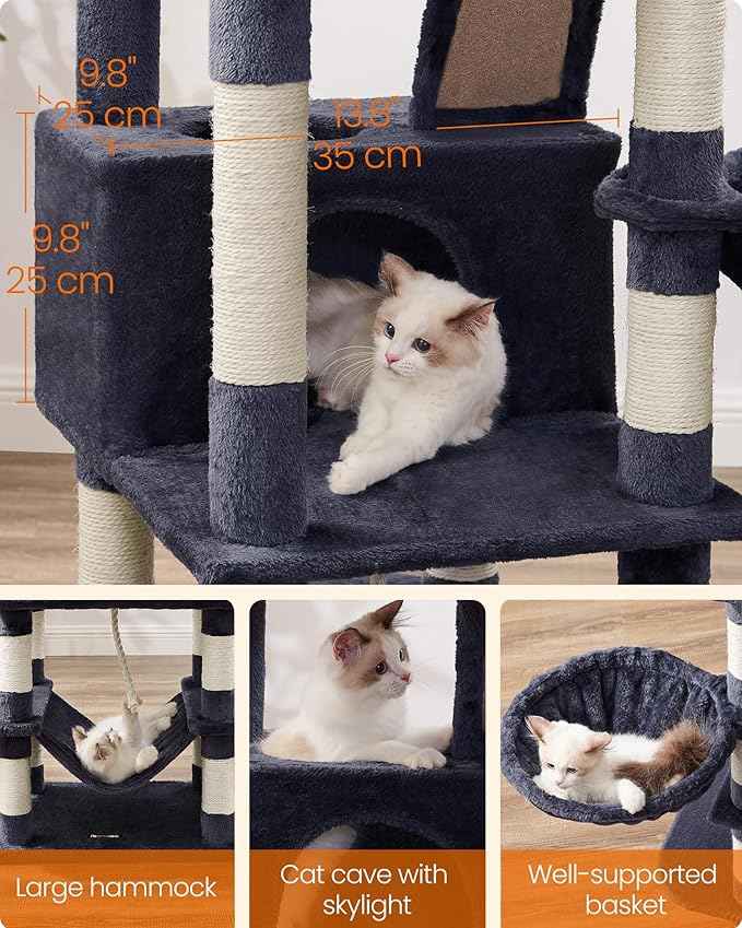 Feandrea Cat Tree, 66.1-Inch Large Cat Tower, Multi-Level Plush Condo with 13 Scratching Posts, 2 Perches, 2 Caves, Basket, Hammock, Pompoms, Smoky Gray UPCT165G01