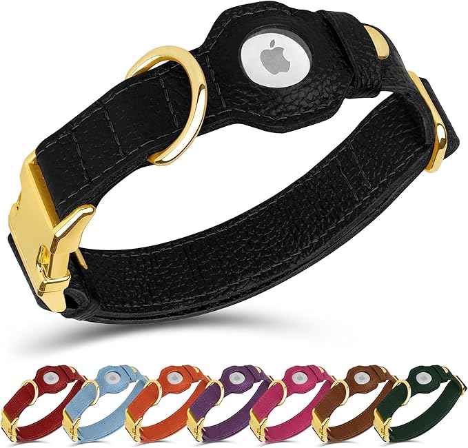 Leather Airtag Dog Collar - Soft Tracking Dog Collar with Apple AirTag Holder and Metal Buckle - Safety GPS Pet Collars for Small Medium Large Dogs Puppy Pink Red (Black, XL, 20"-25" Neck Fit)