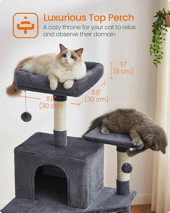 Feandrea Cat Tree, 73.2-Inch Tall Cat Tower, Plush Multi-Level Condo with 5 Scratching Posts, 2 Perches, 2 Caves, Hammock, 2 Pompoms, Smoky Gray UPCT191G01