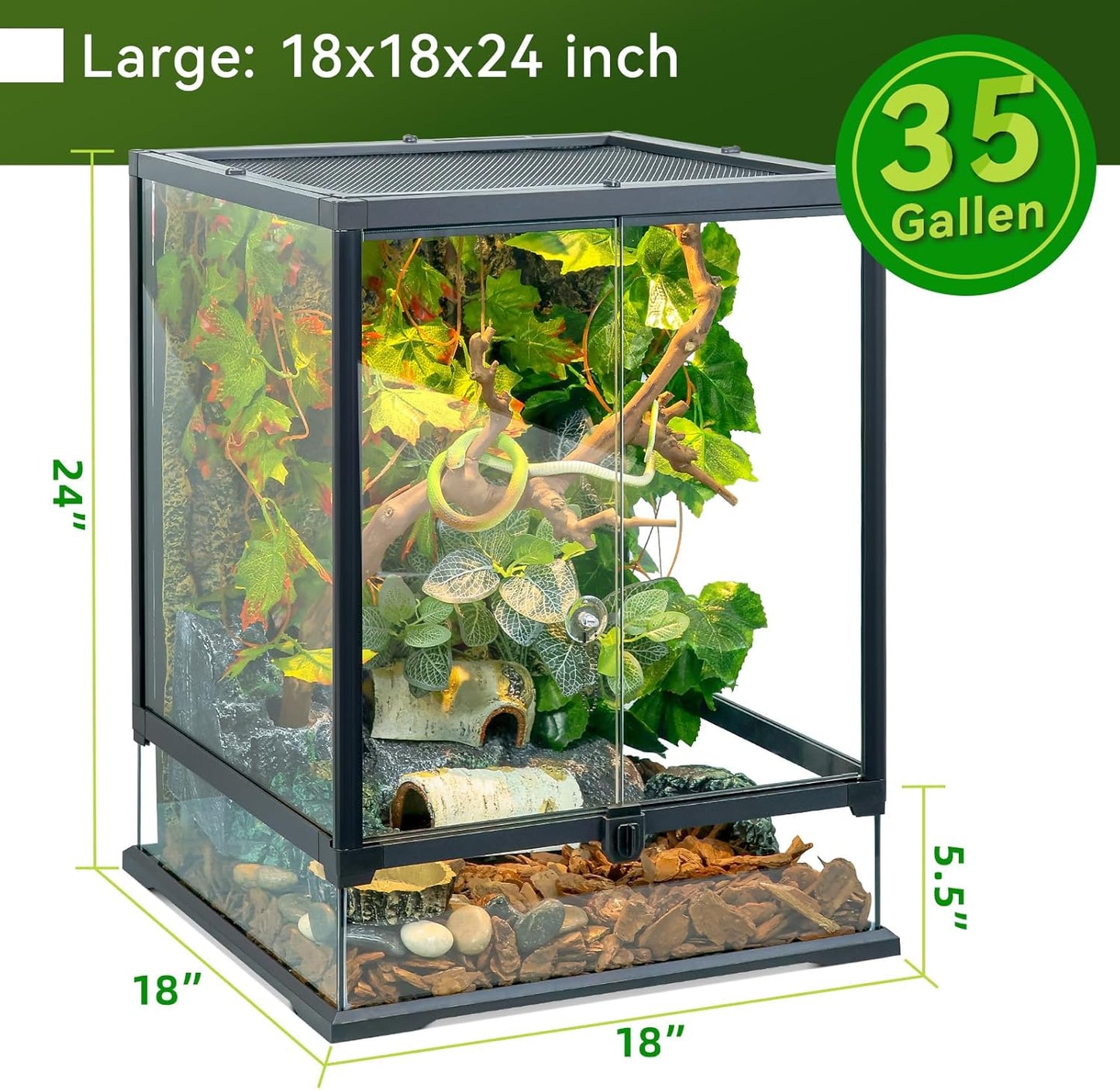 Glass Reptile Tank Front Opening Terrarium Suitable for Leopard Geckos, Snakes, Tree Frogs, Chameleons,Watertight Base, Ventilated Metal Mesh Top, Pre-Drilled Cable Holes 23.9x18x18'' - FurryFun