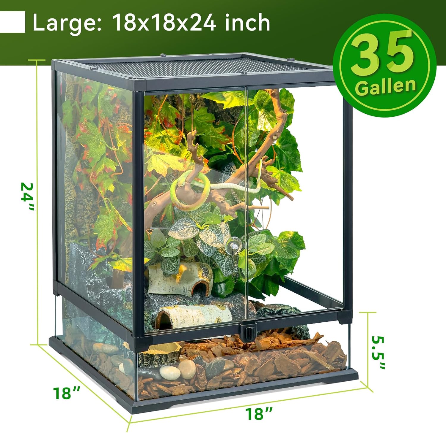 Glass Reptile Tank Front Opening Terrarium Suitable for Leopard Geckos, Snakes, Tree Frogs, Chameleons,Watertight Base, Ventilated Metal Mesh Top, Pre-Drilled Cable Holes 23.9x18x18'' - FurryFun