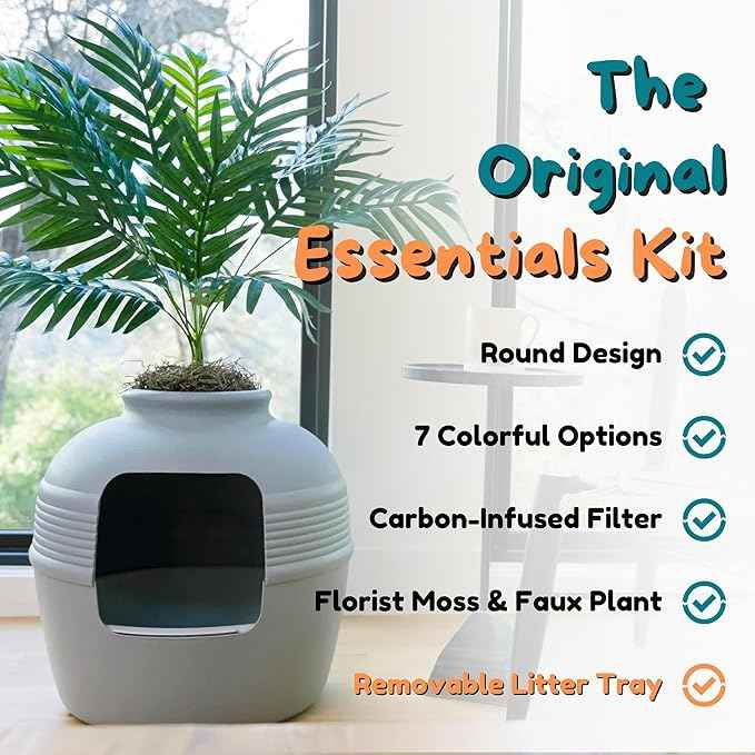 Good Pet Stuff Hidden Litter Box Planter, Decorative Cat Litter Enclosure with Carbon Filter, Artificial Plant, Easy Clean, Indoor Design, Original Round Style, Essentials Kit, Stone Gray