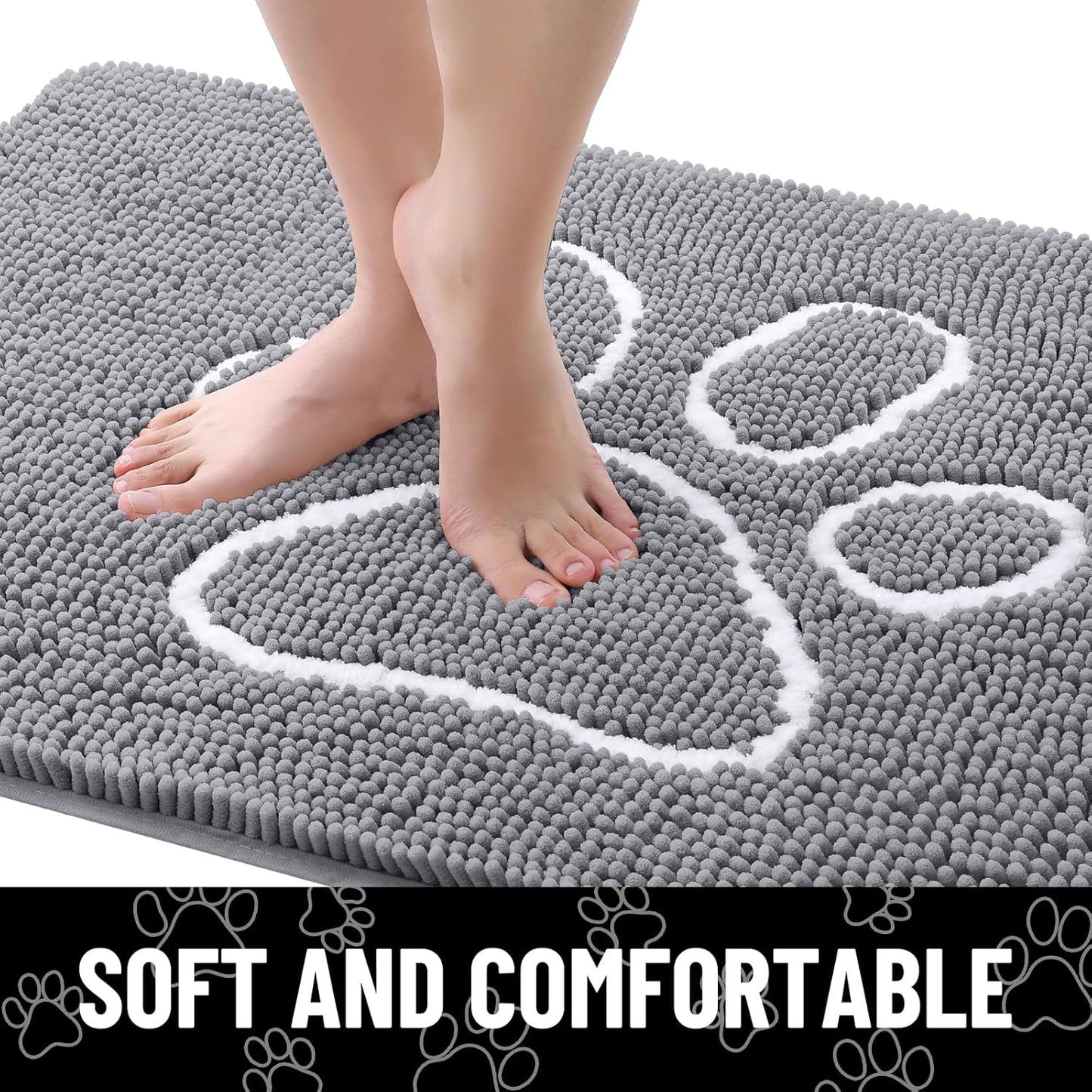 Smiry Dog Door Mat for Muddy Paws, Absorbent Dirt Trapper Non Slip Quick Dry Washable Chenille Mat for Mud Dogs, Entry Rug for Indoor and Outdoor (30x20 Inches, Grey and White)