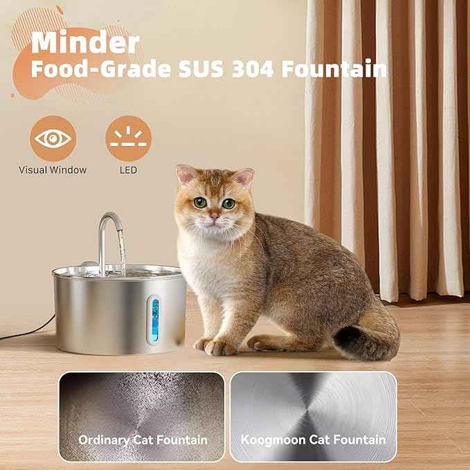 Cat Water Fountain Stainless Steel: 2.2 L Cat Fountain for Drinking - Automatic Pet Water Fountain for Cats Inside - Metal Cat Dog Water Dispenser Bowl with Faucet Water Level Window Ultra Quiet Pump