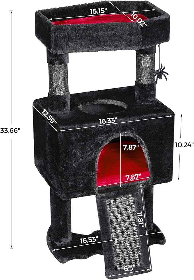 BEWISHOME Cat Tree Tower for Indoor Gothic Cat Trees with Coffin Bed, Cat Condo Cat House with Scratching Posts, Cat Shelves with Spider Toy, Pet Play Activity Center Black with Red, MMJ95R