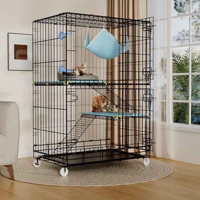 3-Tier Cat Cage Indoor: Medium Cat Enclosure Pet Playpen Detachable Metal Wire Kennel Collapsible Crate with Scratching Post & Plush Pads & Hammock for Cats Kittens