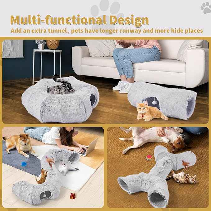Odoland Cat Tunnels Bed with 1 Straight Tunnel and 20 Pet Toys - 5 Shapes DIY Indoor Cats Cave - Detachable Soft Cat Donut Tunnelset for Kitten Puppy Rabbit Ferret