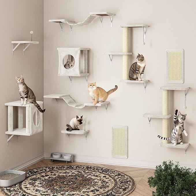 NUNU LAB Wall Mounted Cat Wall Shelves, 10-in-1 Cat Wall Climber with Kitten House, Bridge, Steps, Scratcher, Indoor Space-Saving Furniture for Kittens Play, Beige