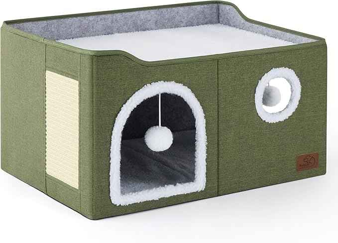 Bedsure Large Cat Beds for Indoor Cats - Extra Wide Cat Cube House for Small Pet with Fluffy Ball Hanging and Scratch Pad, Foldable Pet Cave Hideaway for Multiple Cats, 23.6x16.9x13 inches