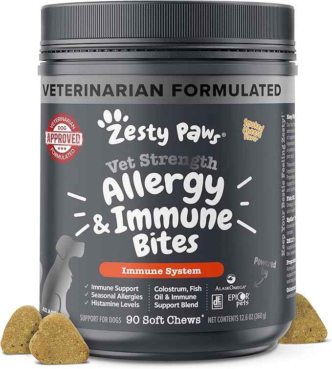 Zesty Paws Vet Strength Dog Allergy Relief Chews, Dog Probiotics for Itchy Skin and Ears, Smoked Cheese, 90ct