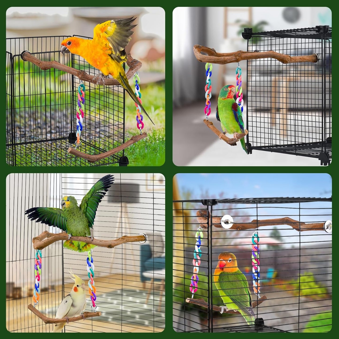 Bird Swing Toys, Standing Bird Perch with Natural Grape Wood, U Shape Hangable Birdcage Accessories, Birds Chewing Toy for Budgerigars, Parakeets, Cockatiels, Conures, Lovebirds, Finches (2Pack)