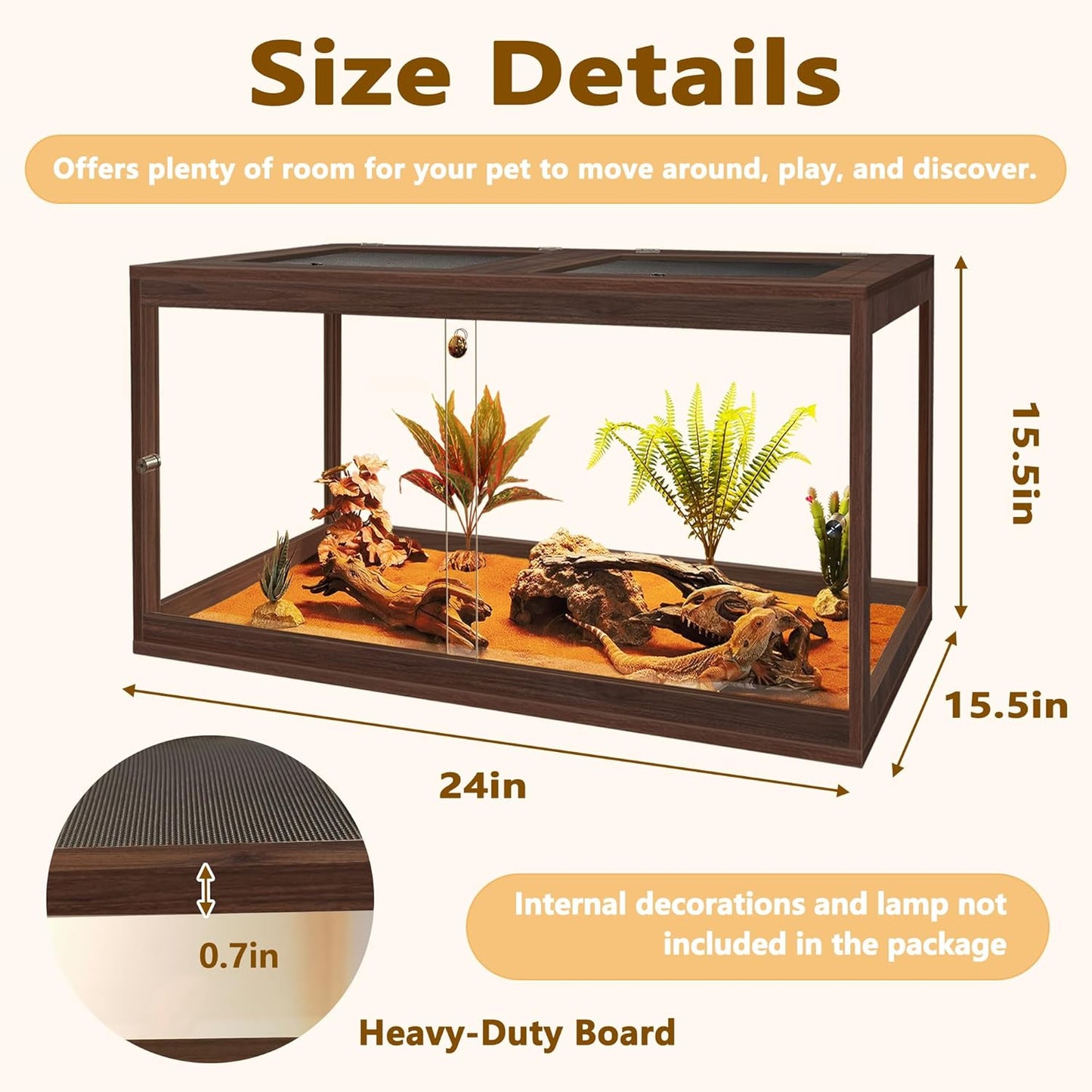 PROLEE Bearded Dragon Tank,27 Gallon Reptile Tank with Meatl Mesh Roof and Front Sliding Door, Anti-Scratch Lizard Tank,Spacious Reptile Enclosure for Snakes,Lguanas, Chameleons(Walnut) - FurryFun