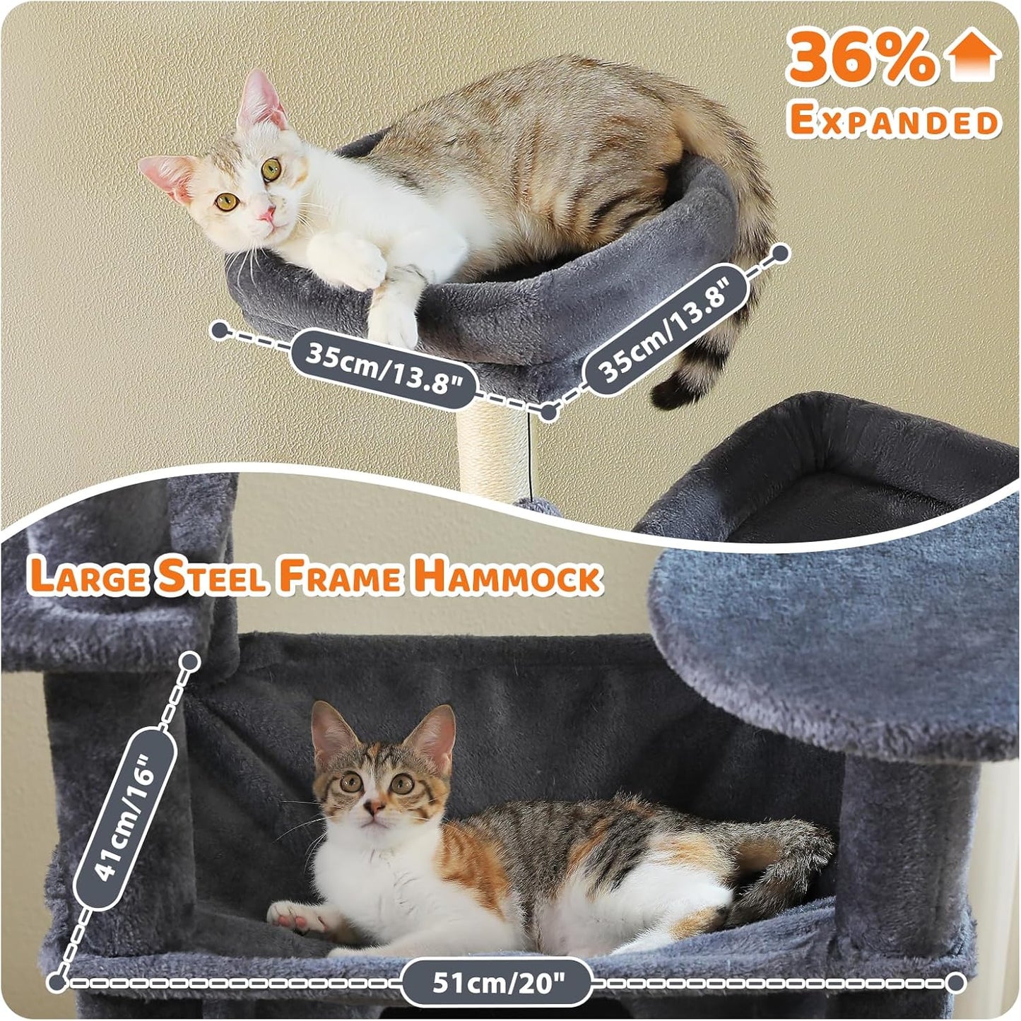 PAWZ Road Heavy Duty Cat Tree for Large Cats, 81 Inches Tall Cat Tower with 2 Perches, 2 Condos and Spacious Hammock, XL Extra Large Condo with 7 Scratching Posts for 20lb+ Adult Cats, Dark Gray