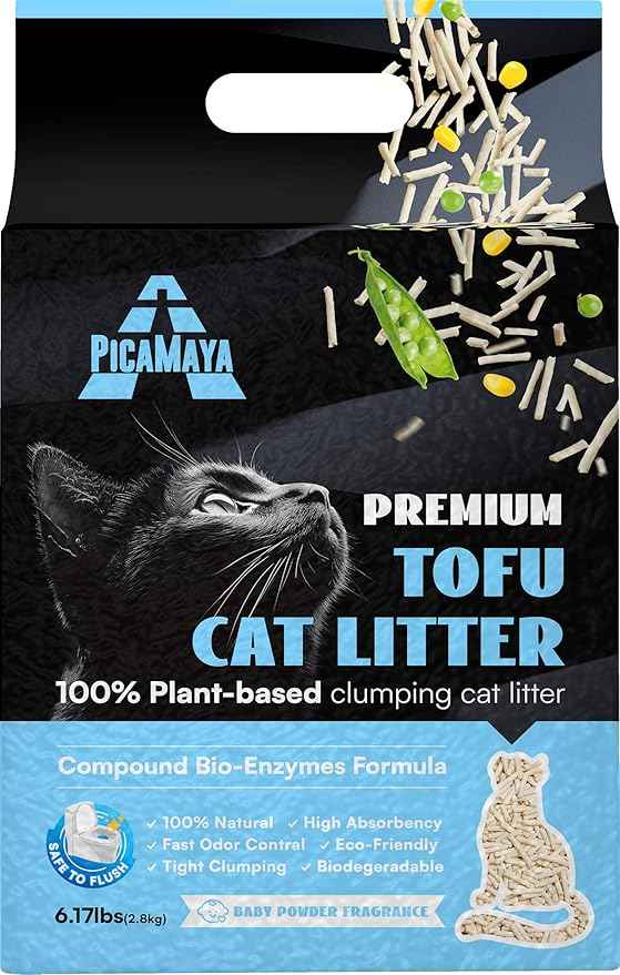 Premium Tofu Cat Litter by PicaMaya - Flushable, Baby Powder Scent, Dust-Free, Fast Clumping, 100% Natural Eco-Friendly - Easy Scooping and Long-Lasting Odor Control - 2.8kg (6.2lb) Pack.