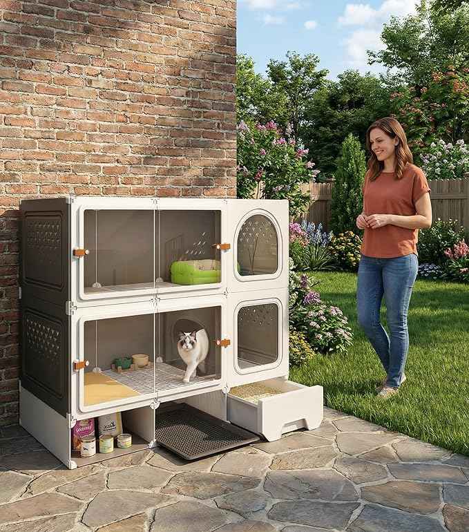 Cat Cage Cat Enclosure with Litter Box & Clear Sliding Door, Expandable Cat Playpen, Detachable Metal, Cat Cage Indoor and Outdoor, Ferret Cage