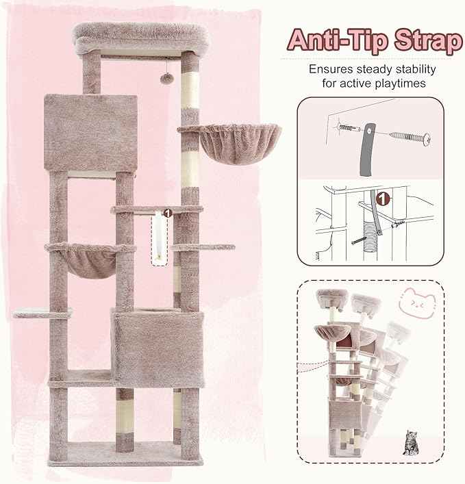 Heybly Cat Tree, 76-Inch Tall Heavy Duty Cat Tower for Big Cats with Extra Wide Baseboard, Multi-Level Large Cat Furniture with 2 Condos & 2 Hammocks, 10 Scratching Posts, Muchroom HCT039MU