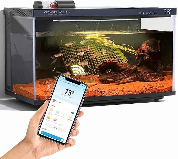 Wonderfactory Smart Aquarium 5 Gallon Glass Fish Tank, Self Cleaning System Efficiency Filter 7 Color LED Lights Automatic Feeder Temperature Display Monitor HD UHA Glass, Smart Control with Apps