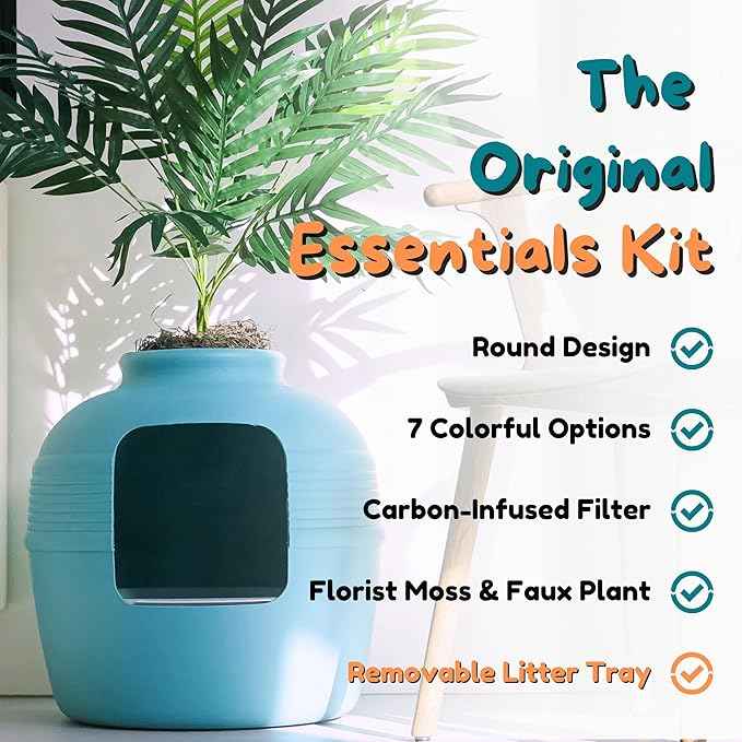 Good Pet Stuff Hidden Litter Box Planter, Decorative Cat Litter Enclosure with Carbon Filter, Artificial Plant, Easy Clean, Indoor Design, Original Round Style, Essentials Kit, Caribbean Blue
