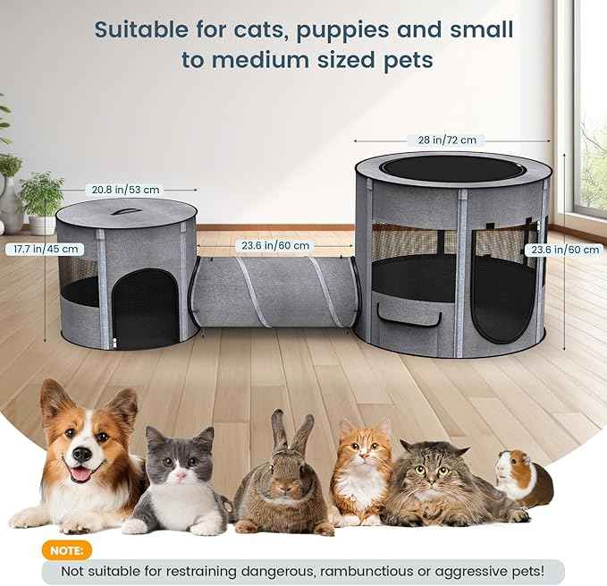 Portable Cat Playpen with Tunnel, 3 in 1 Foldable Puppy Play Pen, Waterproof Bottom, Enclosed 2-Room Separable Pet Tent for Indoor/Outdoor, Multi-Purpose Enclosure Crate Cage for Kitten Dog Rabbit
