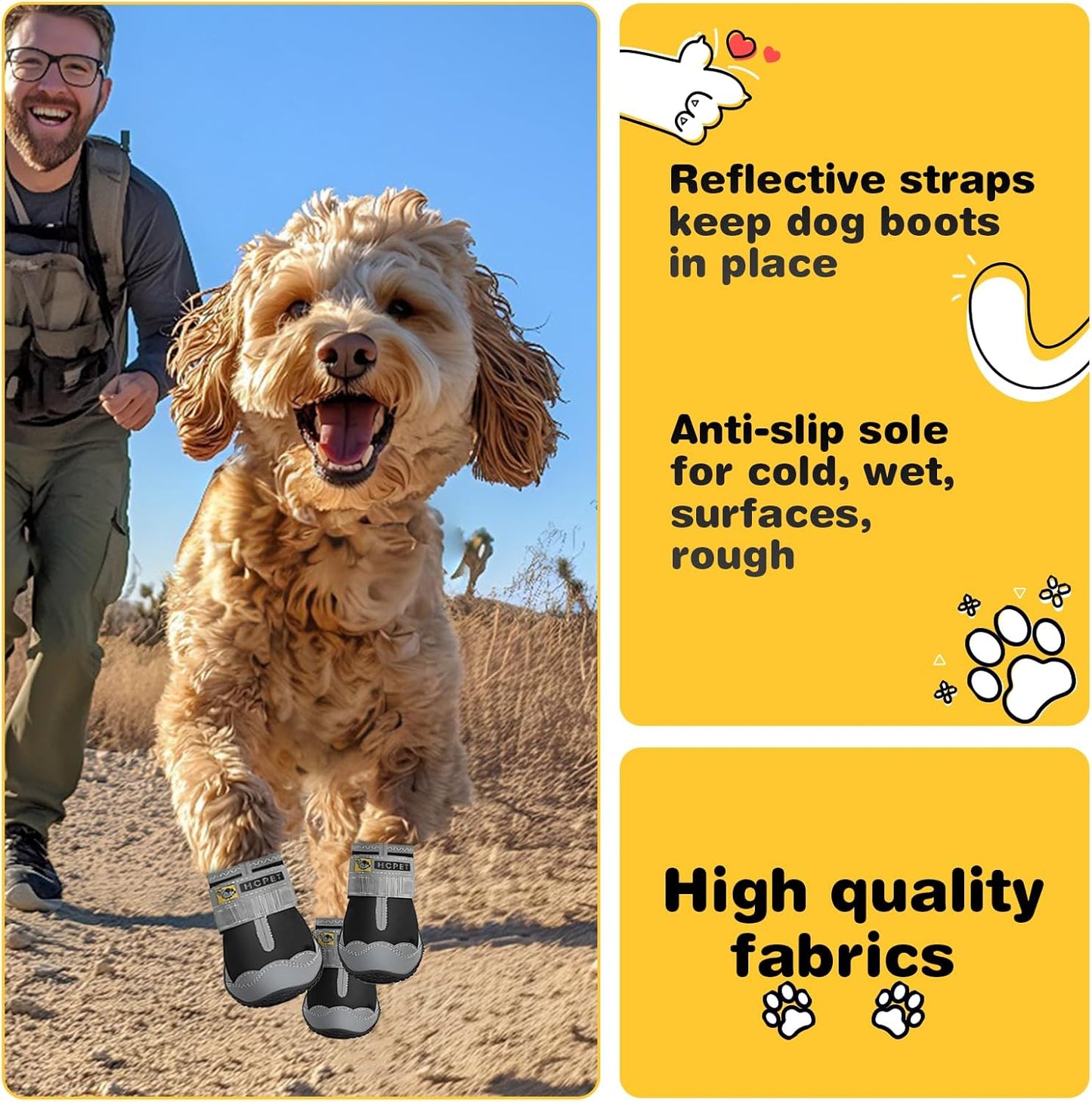 Hcpet Dog Shoes for Large Dogs, Waterproof Dog Booties for Small Medium Dogs, Anti-Slip Dog Boots & Paw Protectors for Hot Pavement Winter Snow Hiking with Reflective Straps Black Size 1