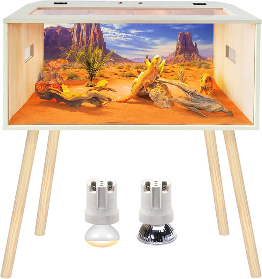 Prolee Reptile Terrarium, Lizard Tank Up to 68 Gallons, Bearded Dragon Tank with Roof Door, Snake Tank with Built-in Lamp Fixture and Switch, with Leg Stand (Oak, 28 Gallons, 32" Length) - FurryFun