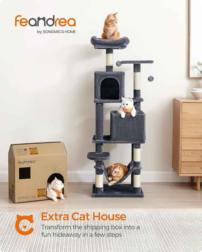 Feandrea Cat Tree, 59.5-Inch Tall Cat Tower, Plush Multi-Level Condo with 5 Scratching Posts, 2 Perches, 2 Caves, Hammock, 2 Pompoms, Smoky Gray UPCT192G01
