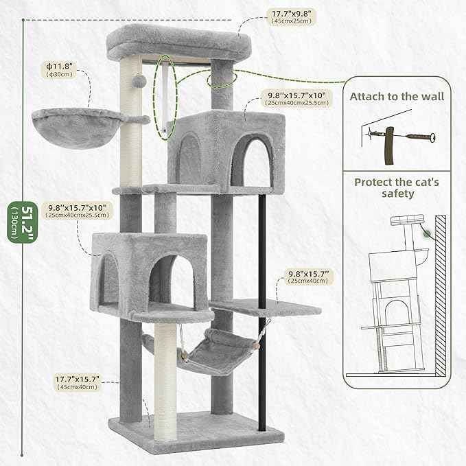 51.2'' Cat Tree Tower, Cat Tower with Scratching Post, Sturdy Steel Pube Cat Tree for Inoor Cats Large Adult, Cat Hammock and Basket, Padding Top Platform, Light Gray GCT014W