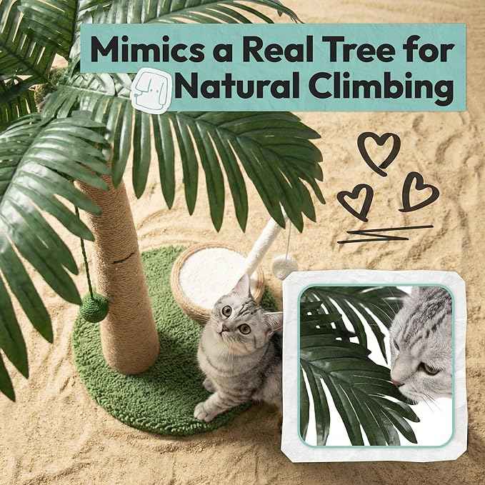 Cat Scratching Post 33 Inch Palm Tree with Hanging Balls and Coconut Straw Toy, Cat Scratcher for Indoor Kittens, Extra Stable Base, Paw-Friendly Jute Material M