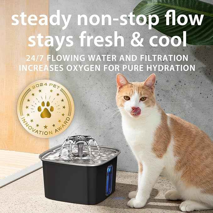 Veken Innovation Award Winner Stainless Steel Cat Water Fountain, 108oz/3.2L Automatic Pet Fountain Dog Water Dispenser with Replacement Filters & Silicone Mat for Cats, Dogs (Space Black)