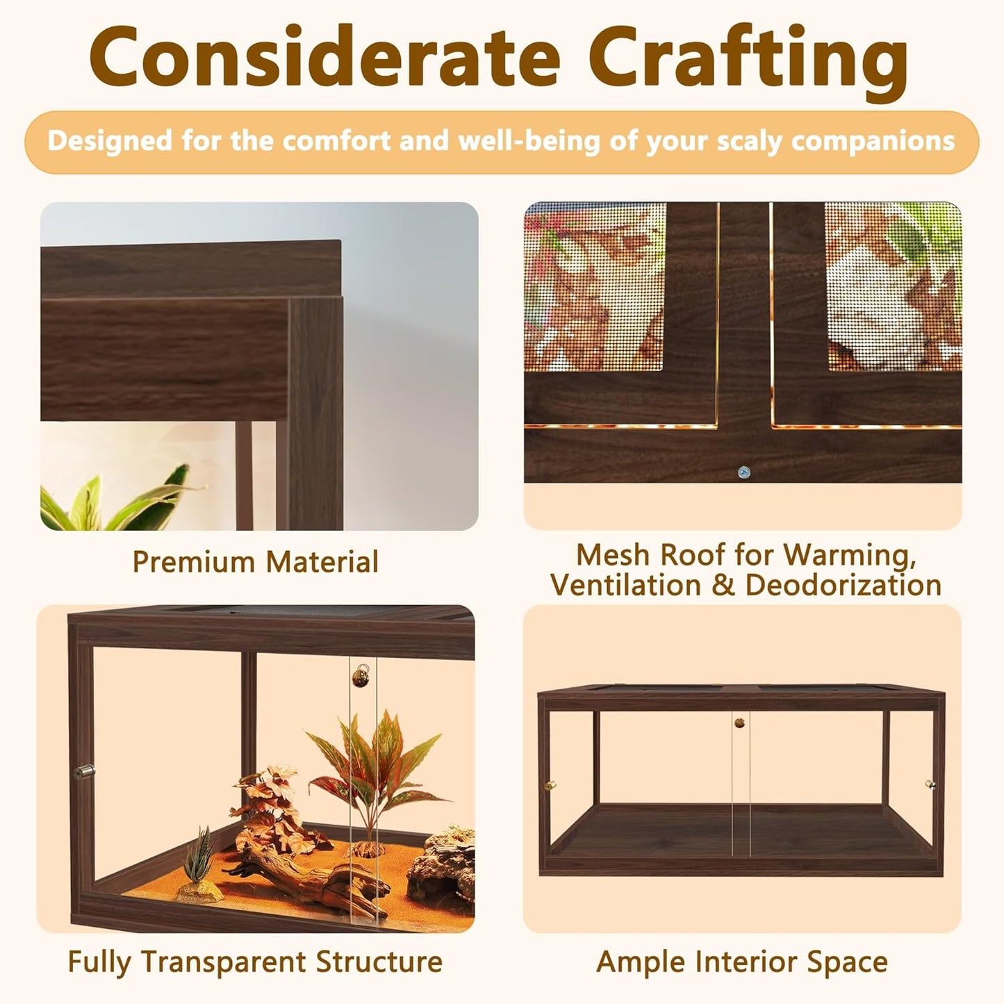 PROLEE Bearded Dragon Tank,81 Gallon Reptile Tank with Meatl Mesh Roof and Front Sliding Door, Anti-Scratch Lizard Tank,Spacious Reptile Enclosure for Snakes,Lguanas, Chameleons(Walnut) - FurryFun