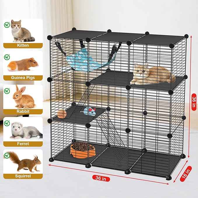 Cat Cage, 3-Tier DIY Catio Cat Enclosures, 36" x 16" x 36" Cat Playpen Indoor & Outdoor with Hammock, Detachable Metal Wire Kennel Cats Crate, 3x1x3 Exercise Place for 1-2 Kitten/Squirrel
